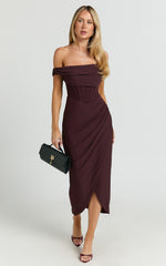 Aidia Midi Dress - Off Shoulder Draped Corset Dress in Burgundy
