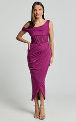Aidia Midi Dress - Off Shoulder Draped Corset Dress in Plum