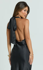 Aiyana Midi Dress - Halter Neck Satin Dress in Black