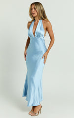 Aiyana Midi Dress - Halter Neck Satin Dress in Blue