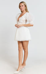 Akshia Mini Dress - Puff Sleeve Floral Detail Plunge Neck Dress in White