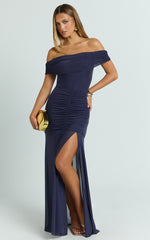 Alanna Maxi Dress - Off Shoulder Ruched Mesh Dress in Ink