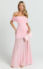 Alanna Maxi Dress - Off Shoulder Ruched Mesh Dress in Pink