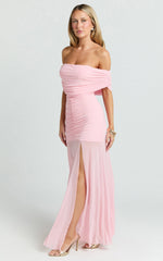 Alanna Maxi Dress - Off Shoulder Ruched Mesh Dress in Pink