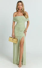Alanna Maxi Dress - Off Shoulder Ruched Mesh Dress in Sage