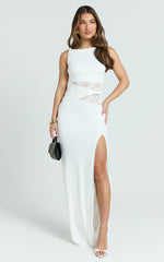 Alberta Maxi Dress - Spliced Sheer Lace Column Dress in White