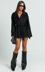 Alessandra Coat - Single Breasted Belted Short Wool Like Coat in Black