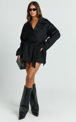 Alessandra Coat - Single Breasted Belted Short Wool Like Coat in Black