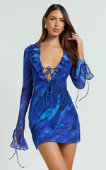 Alesya Mini Dress - Ruffle Plunge Neck Long Sleeve Tie Detail Dress in Blue Abstract