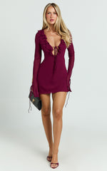Alesya Mini Dress - Ruffle Plunge Neck Long Sleeve Tie Detail Dress in Wine