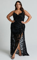 Aletta Maxi Dress - Cowl Cross Back Dress in Ebony Burn Out Floral