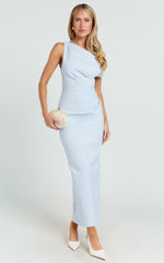 Alexandria Midi Dress - Tip Shoulder Draped Fitted Dress in Blue