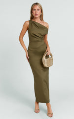 Alexandria Midi Dress - Tip Shoulder Draped Fitted Dress in Olive