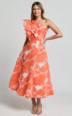 Alfreda Midi Dress - One Shoulder Ruffle Detail Brailey Jacquard Dress in Orange Jacquard