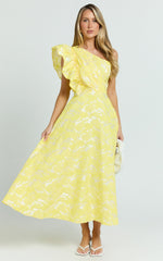 Alfreda Midi Dress - One Shoulder Ruffle Detail Brailey Jacquard Dress in Yellow Jacquard
