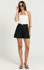 Ali Linen Blend Shorts - High Waisted Cuffed Shorts in Black