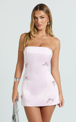 Alina Mini Dress - Strapless Diamonte Bow A Line Dress in Pink