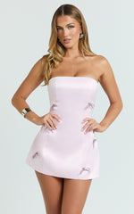 Alina Mini Dress - Strapless Diamonte Bow A Line Dress in Pink