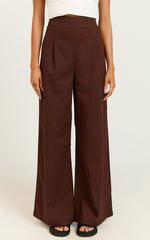 Alina Pants - Linen High Waisted Wide Leg Relaxed Pants in Chocolate