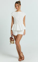 Alina Two Piece Set - Ruched Detail Top and Short Pants Set in White