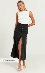Alisa Midi Skirt - Button Through A Line Denim in Black Wash
