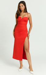 Alissa Midi Dress - Bustier Strappy Pleat Side Fitted Dress in Tangerine