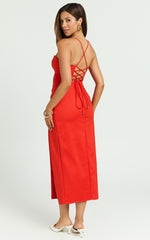 Alissa Midi Dress - Bustier Strappy Pleat Side Fitted Dress in Tangerine