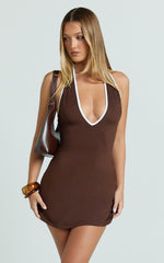 Allura Mini Dress - Deep V Halter Neck Tie Back Dress in Chocolate