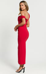 Almaida Midi Dress - Off Shoulder Ruched Side Dress in Red