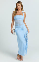 Almarie Midi Dress - Halter Neck Mesh Dress in Blue