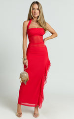 Almarie Midi Dress - Halter Neck Mesh Dress in Red