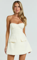 Alodia Mini Dress - Boucle Strapless Tulip Skirt Dress in Cream