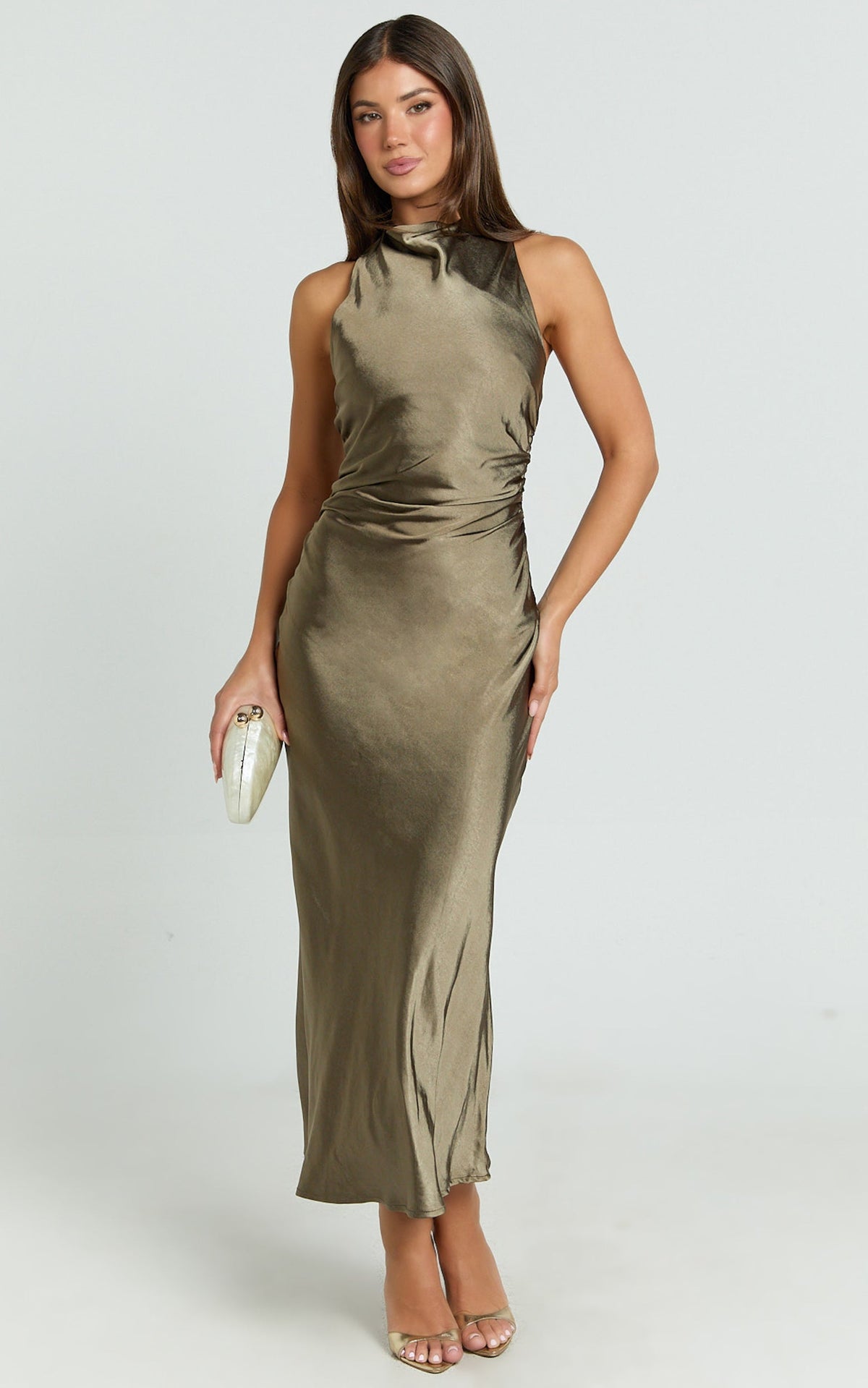 Aluna Midi Dress - High Neck Cross Back Satin Slip Dress in Olive