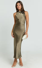 Aluna Midi Dress - High Neck Cross Back Satin Slip Dress in Olive