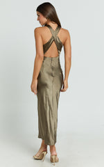 Aluna Midi Dress - High Neck Cross Back Satin Slip Dress in Olive