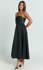 Alvia Midi Dress - Diamante Strap Ruched Straight Neck Dress in Black