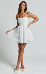 Alvia Mini Dress - 3d Flower Full Skirt Dress in White