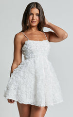 Alvia Mini Dress - 3d Flower Full Skirt Dress in White