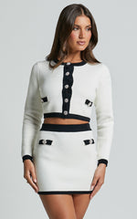 Alyce Mini Skirt - Bow Detail Contrast Knit Mini Skirt in White & Black