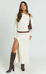 Alyce Midi Dress - Jersey Asymmetric Ruched Bodycon Dress in Off White