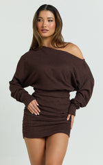 Alyce Mini Dress - Long Sleeve One Shoulder Dress in Chocolate