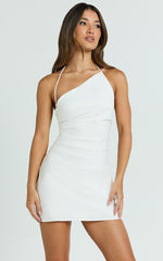 Alycia Mini Dress - Asymmetric Neck Strapped Back Bias Dress in White