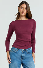 Alyse Top - Ribbed Long Sleeve Ruched Top in Wine