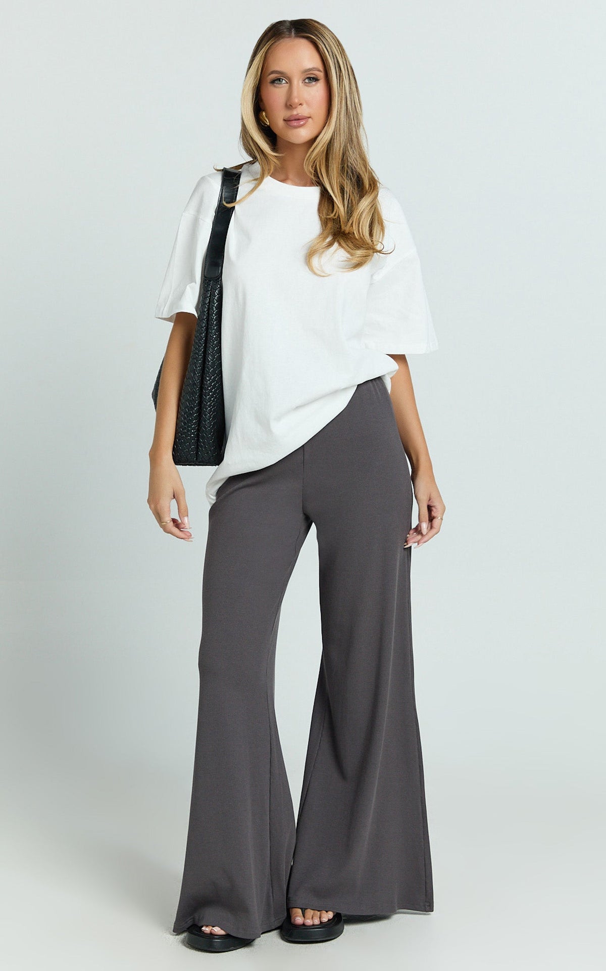 Amalthea Pants - High Waisted Jersey Rib Wide Leg Pants in Charcoal