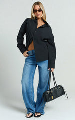 Amaris Top - Long Sleeve Open Back Tie Shirt in Black