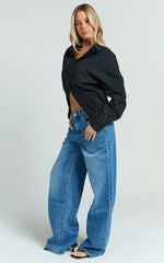 Amaris Top - Long Sleeve Open Back Tie Shirt in Black