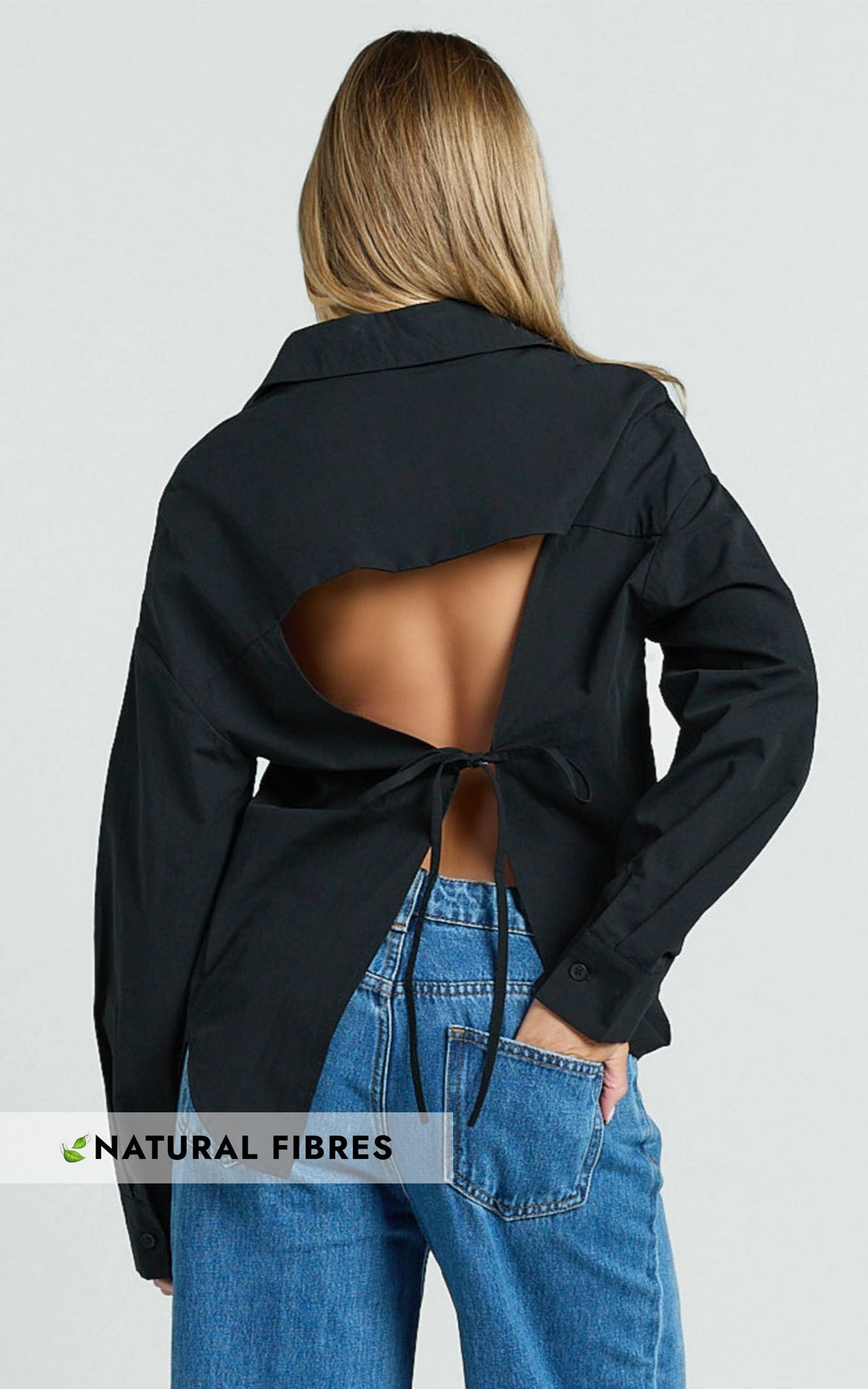 Amaris Top - Long Sleeve Open Back Tie Shirt in Black