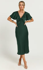 Amartina Midi Dress - V Neck Twist Bodice Flutter Sleeve Dress in Forest Green