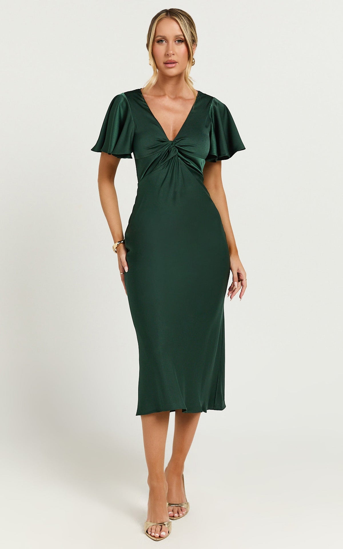 Amartina Midi Dress - V Neck Twist Bodice Flutter Sleeve Dress in Forest Green