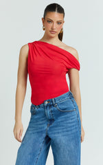 Amaya Top - Off Shoulder Twist Asymmetrical Sleeve Top in Red